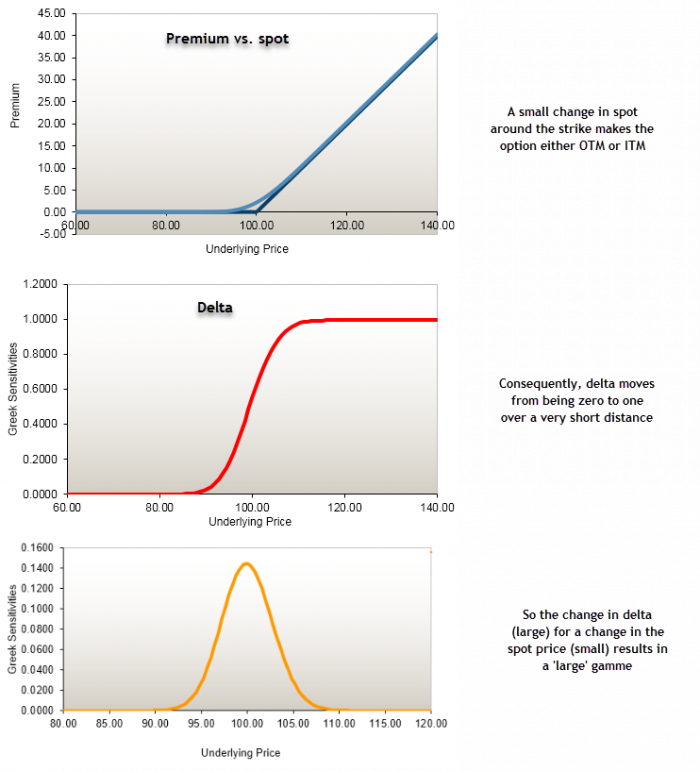 Within the context of option trading the diagram shows the relationship between the spot price, delta and gamma